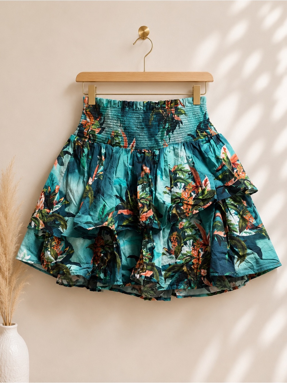 INC International Concepts Teal Floral Tiered Mini Skirt